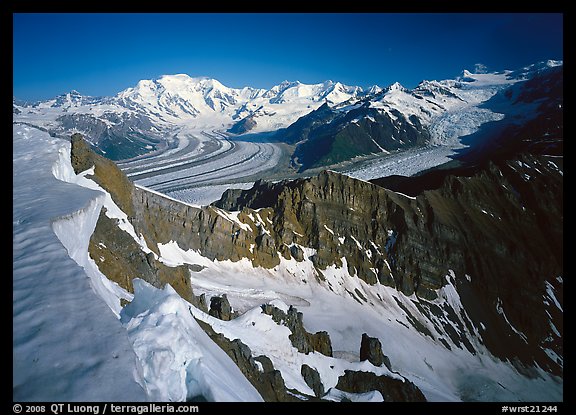 Corniche and view of glaciers and Mt Blackburn range. Wrangell-St Elias National Park, Alaska, USA.