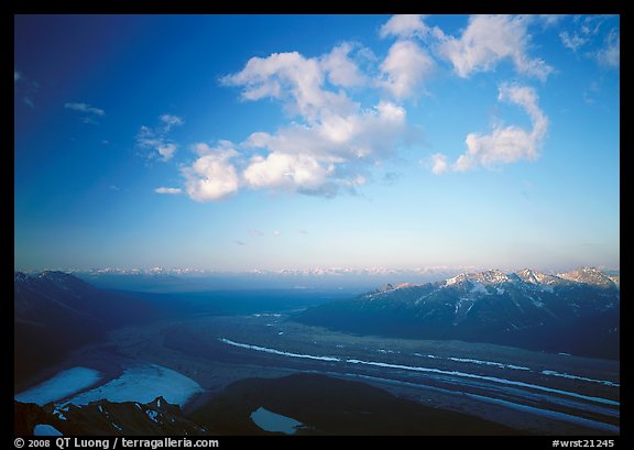 Kennicott Glacier, Chugach mountains, and clouds from Mt Donoho, sunrise. Wrangell-St Elias National Park, Alaska, USA.