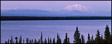 Snowy mountain rising mysteriously above lake. Wrangell-St Elias National Park, Alaska, USA.