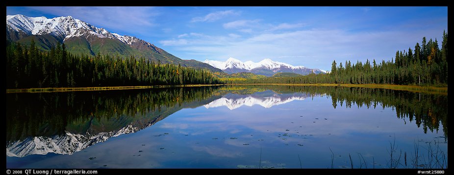 Lake and snowy peaks. Wrangell-St Elias National Park, Alaska, USA.