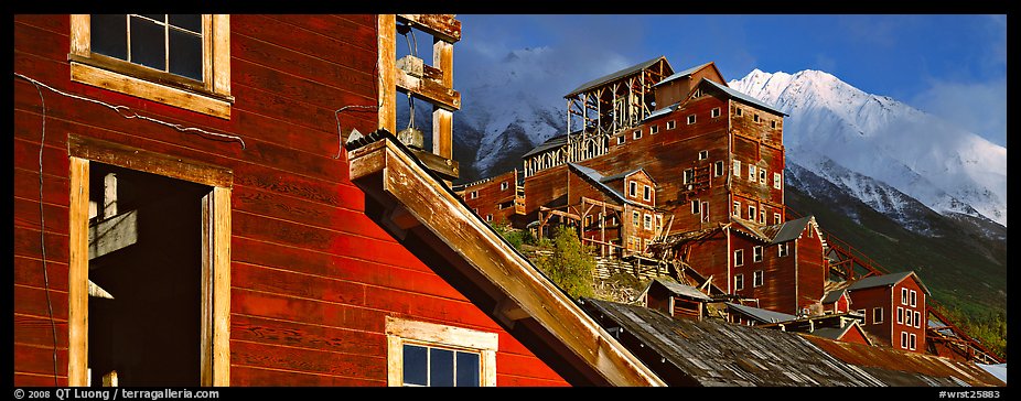 Copper mine buildings and snowy peak, Kennicott. Wrangell-St Elias National Park, Alaska, USA.