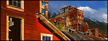 Copper mine buildings and snowy peak, Kennicott. Wrangell-St Elias National Park, Alaska, USA.