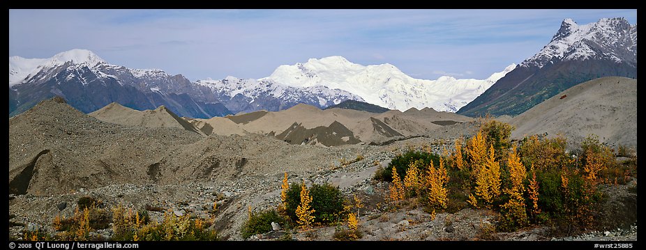 Moraines and snowy mountains. Wrangell-St Elias National Park, Alaska, USA.