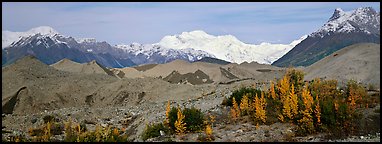 Moraines and snowy mountains. Wrangell-St Elias National Park, Alaska, USA.