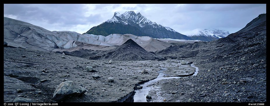 Glacial landscape with stream and moraine. Wrangell-St Elias National Park, Alaska, USA.