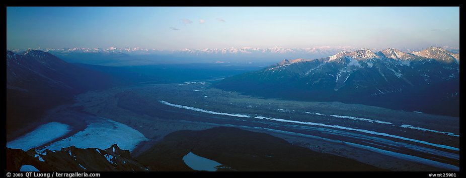 Elevated view of glacier terminal section and mountains. Wrangell-St Elias National Park, Alaska, USA.