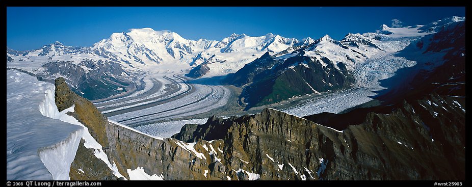 High mountain landscape with glaciers and snow-covered peaks. Wrangell-St Elias National Park, Alaska, USA.