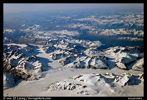 Aerial view of icefields and mountains, St Elias range. Wrangell-St Elias National Park, Alaska, USA.