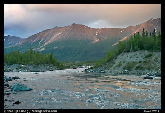 Kennicott River and Bonanza ridge at sunset. Wrangell-St Elias National Park (color)