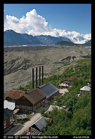 Kennecott power plant, Root Glacier moraines, and Mt Blackburn. Wrangell-St Elias National Park (color)