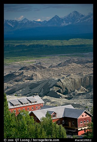 Kennecott mill town buildings and moraines of Root Glacier. Wrangell-St Elias National Park, Alaska, USA.