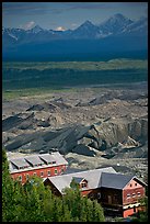 Kennecott mill town buildings and moraines of Root Glacier. Wrangell-St Elias National Park, Alaska, USA. (color)