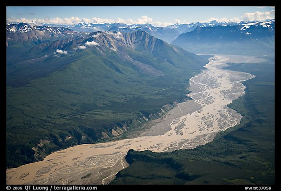 Aerial view of valley with wide braided river. Wrangell-St Elias National Park, Alaska, USA.