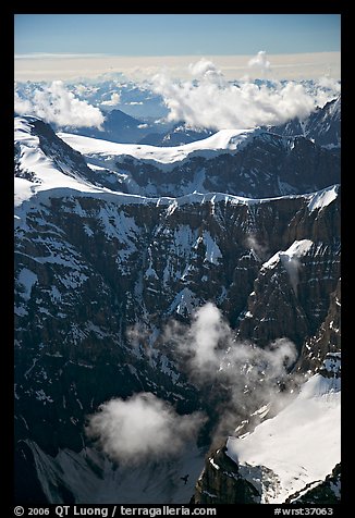 Aerial view of steep rock mountain faces. Wrangell-St Elias National Park, Alaska, USA.