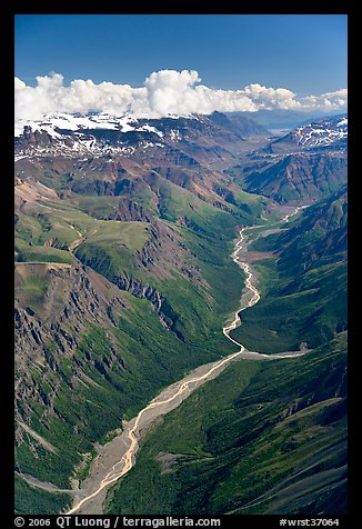 Aerial view of verdant river valley. Wrangell-St Elias National Park, Alaska, USA.