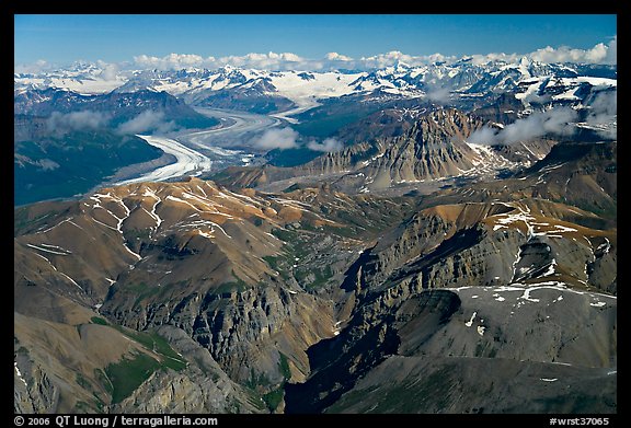 Aerial view of Chitistone Mountains and Nizina Glacier. Wrangell-St Elias National Park, Alaska, USA.