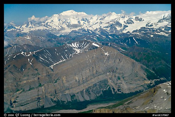 Aerial view of Mile High Cliffs and Mt Blackburn. Wrangell-St Elias National Park, Alaska, USA.