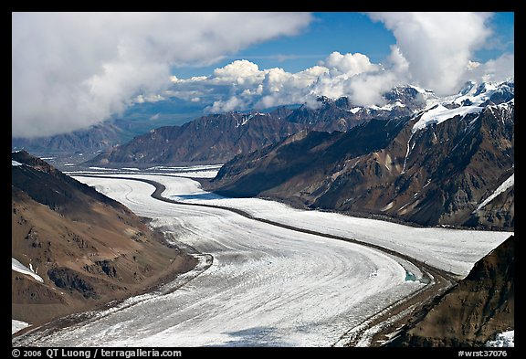 Aerial view of Barnard Glacier and median moraine. Wrangell-St Elias National Park, Alaska, USA.