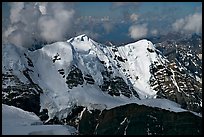 Aerial view of peak with seracs and hanging glaciers, University Range. Wrangell-St Elias National Park, Alaska, USA.