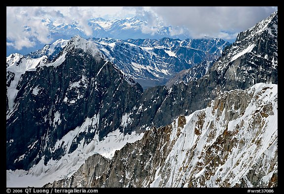 Aerial view of rugged peaks in the University Range. Wrangell-St Elias National Park, Alaska, USA.