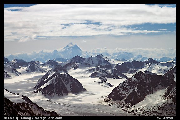 Aerial view of Granite Range with Mt St Elias in background. Wrangell-St Elias National Park, Alaska, USA.