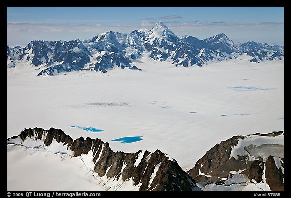 Aerial view of snow-covered Bagley Field. Wrangell-St Elias National Park, Alaska, USA.