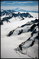 Aerial view of mountains with Mt St Elias in background. Wrangell-St Elias National Park, Alaska, USA.