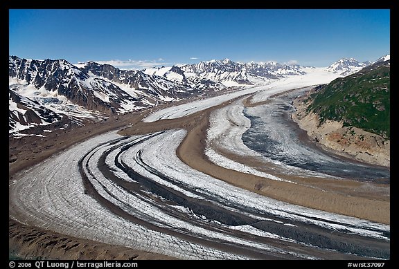 Aerial view of curving glacier near Bagley Field. Wrangell-St Elias National Park, Alaska, USA.