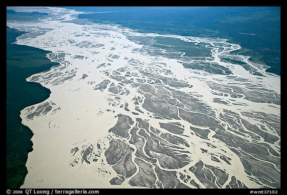 Aerial view of braided river plain. Wrangell-St Elias National Park, Alaska, USA.