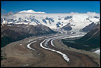 Aerial view of ice bands and moraines of Kennicott Glacier and Mt Blackburn. Wrangell-St Elias National Park, Alaska, USA. (color)