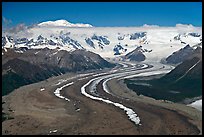 Aerial view of ice bands and moraines of Kennicott Glacier and Mt Blackburn. Wrangell-St Elias National Park, Alaska, USA.