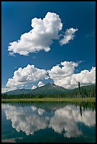 Puffy clouds reflected in lake. Wrangell-St Elias National Park, Alaska, USA. (color)