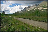 McCarthy road and mountains. Wrangell-St Elias National Park, Alaska, USA.