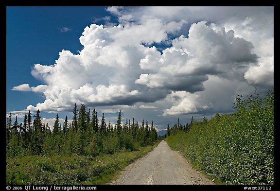 Mc Carthy road and afternoon thunderstorm clouds. Wrangell-St Elias National Park (color)