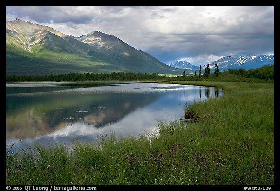 Mountains reflected in lake. Wrangell-St Elias National Park, Alaska, USA.