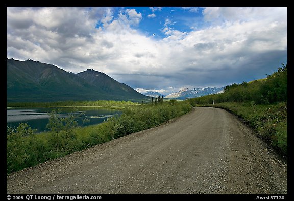 Unpaved McCarthy Road next to lake. Wrangell-St Elias National Park (color)