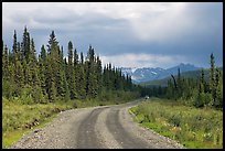 McCarthy road with vehicle approaching in the distance. Wrangell-St Elias National Park, Alaska, USA.