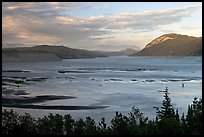 Wide Copper River at sunset. Wrangell-St Elias National Park, Alaska, USA.