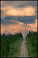 Road leading to mountains and clould lit by sunset light. Wrangell-St Elias National Park, Alaska, USA. (color)