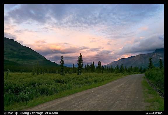 Nabena road at sunset. Wrangell-St Elias National Park, Alaska, USA.