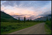 Nabena road at sunset. Wrangell-St Elias National Park, Alaska, USA.