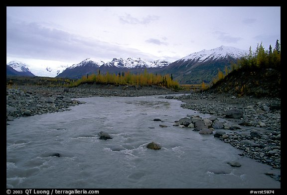 Kenicott River and Wrangell Mountains. Wrangell-St Elias National Park, Alaska, USA.