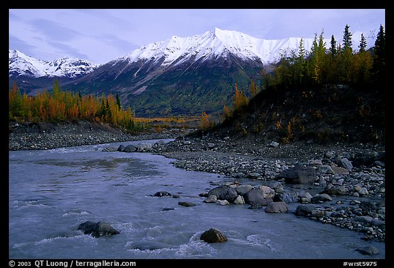 Kenicott River and Wrangell Mountains. Wrangell-St Elias National Park, Alaska, USA.