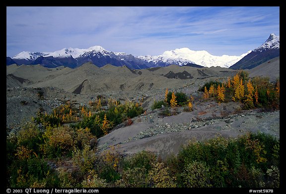 Mt Wrangell and Root Glacier moraines  seen from Kenicott. Wrangell-St Elias National Park, Alaska, USA.