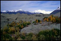 Mt Wrangell and Root Glacier moraines  seen from Kenicott. Wrangell-St Elias National Park, Alaska, USA.