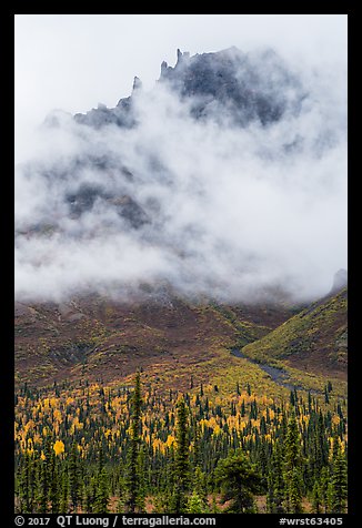 Spires of Skookum Volcano emerging from mist. Wrangell-St Elias National Park, Alaska, USA.