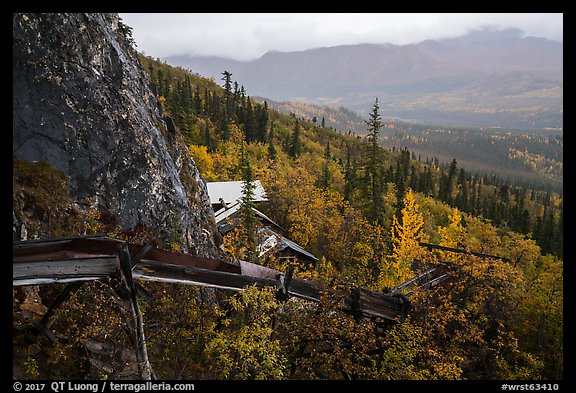 Chute and buildings, Rambler mine. Wrangell-St Elias National Park, Alaska, USA.