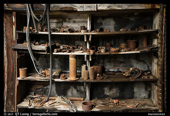 Shelves with equipment, Nabesna Mill. Wrangell-St Elias National Park (color)