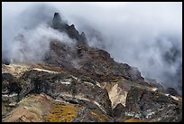 Volcanic spires emerging from clouds, Skookum Volcano. Wrangell-St Elias National Park ( color)