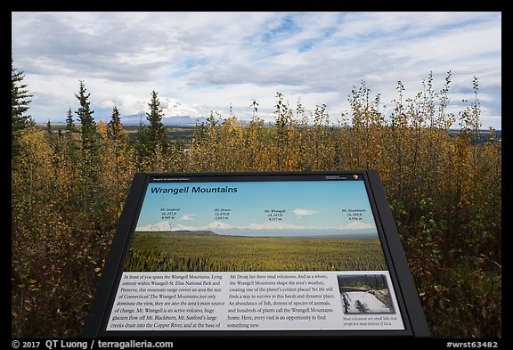 Wrangell Mountains interpretive sign. Wrangell-St Elias National Park, Alaska, USA.